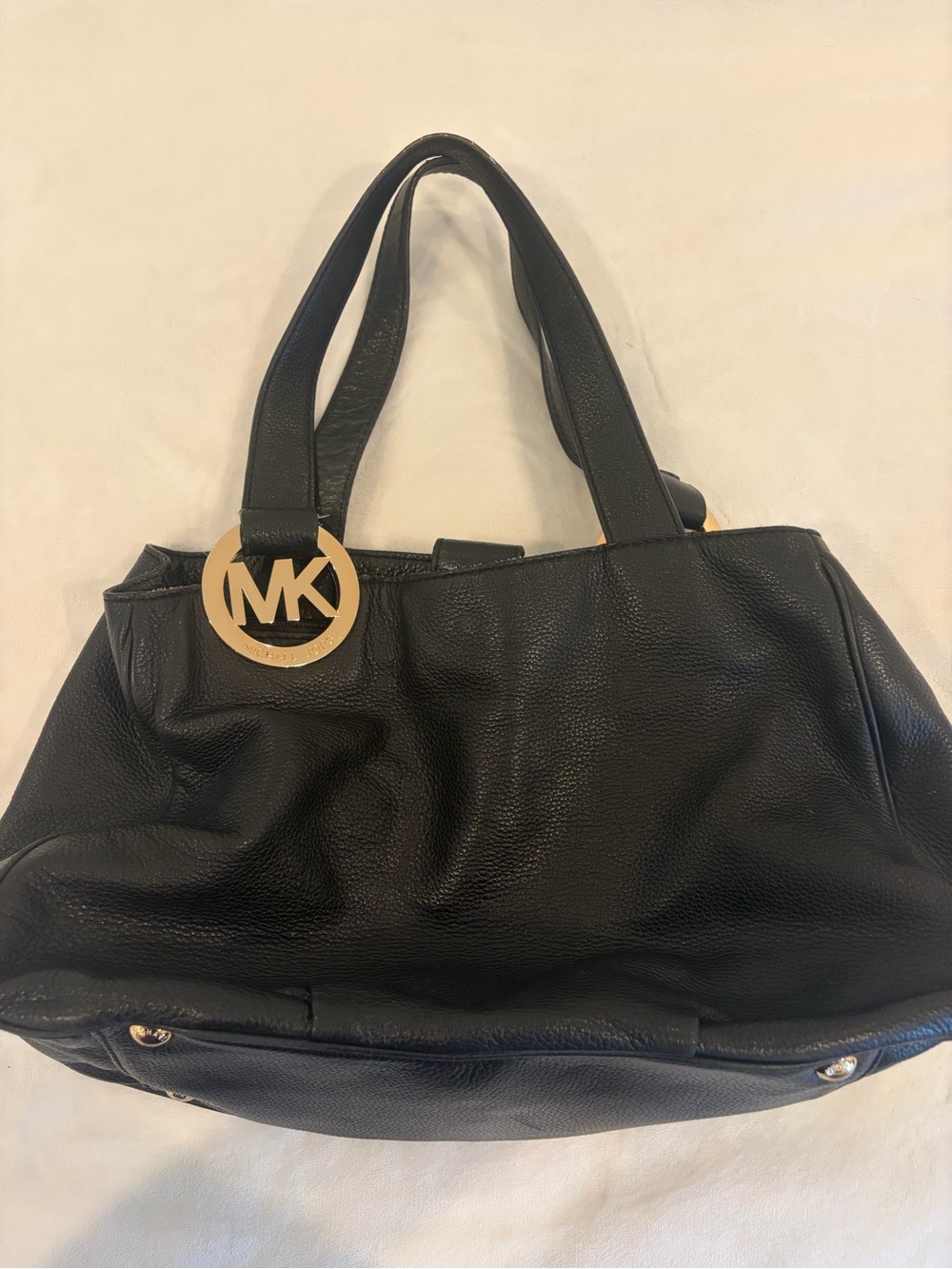 Michael Kors Black Textured Leather Tote with Gold MK Charm